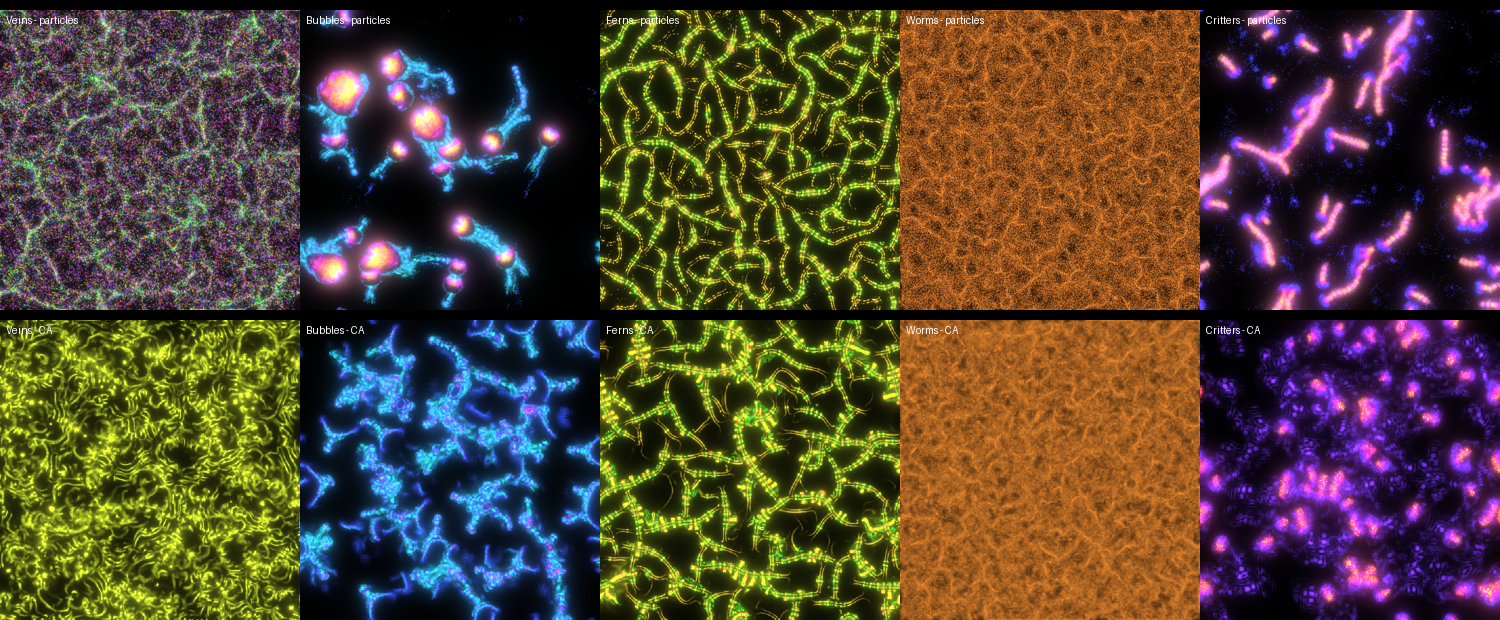 Five presets, particles above, the CA below